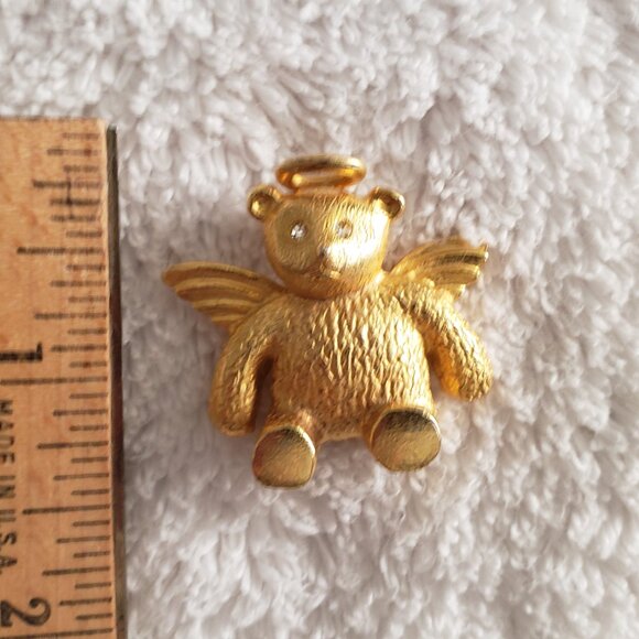 Vintage Angel Teddy Bear Pin with Halo Gemstone Eyes, Pinback, Gold - Picture 2 of 6